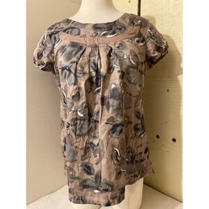 Apt 9‎ Womens Size Medium Floral Print Short Sleeve Blouse Top Brown Casual